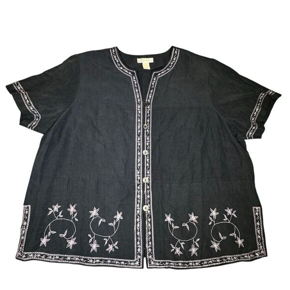 DressBarn Sz 24W SILK LINEN Blend Embroidered Short Sleeve Blouse Top Charcoal - Picture 1 of 14